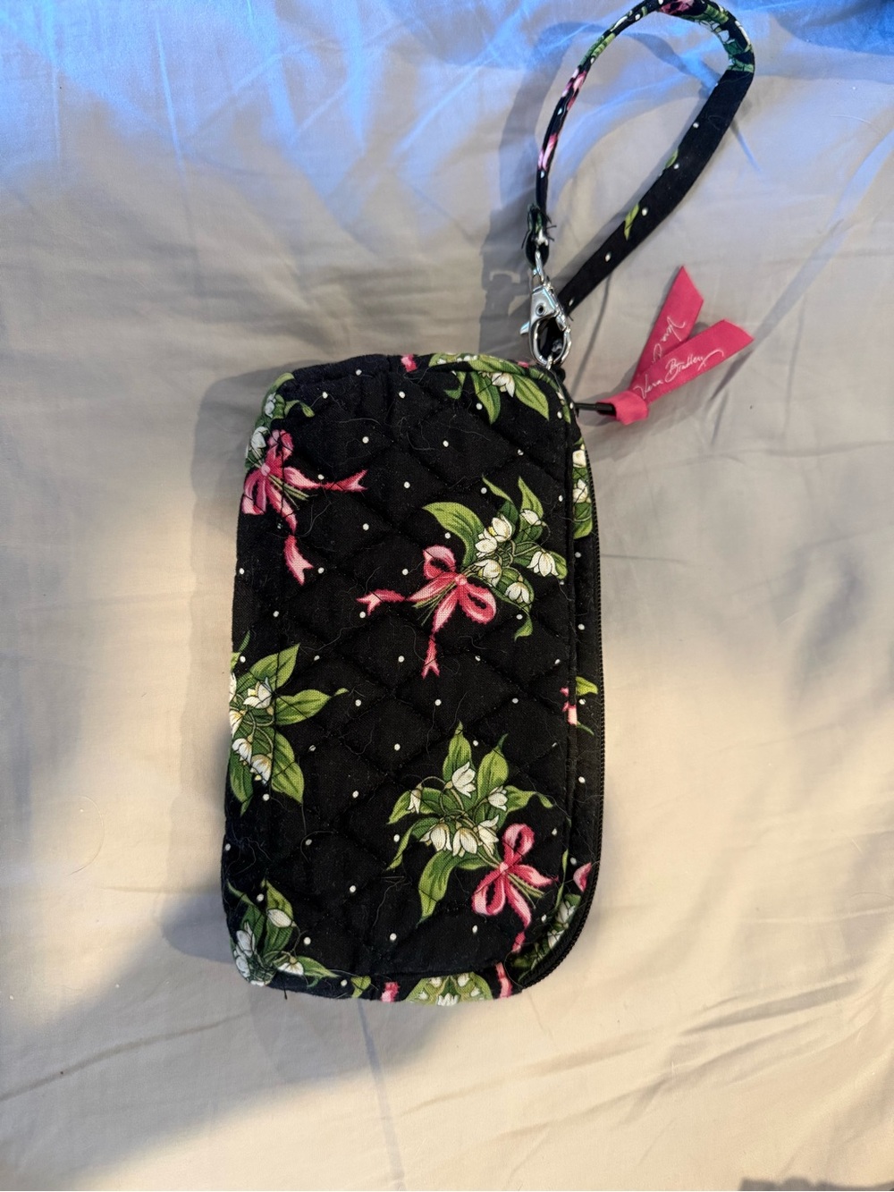 Vera Bradley Black Quilted Wristlet with Pink & Green Floral Print